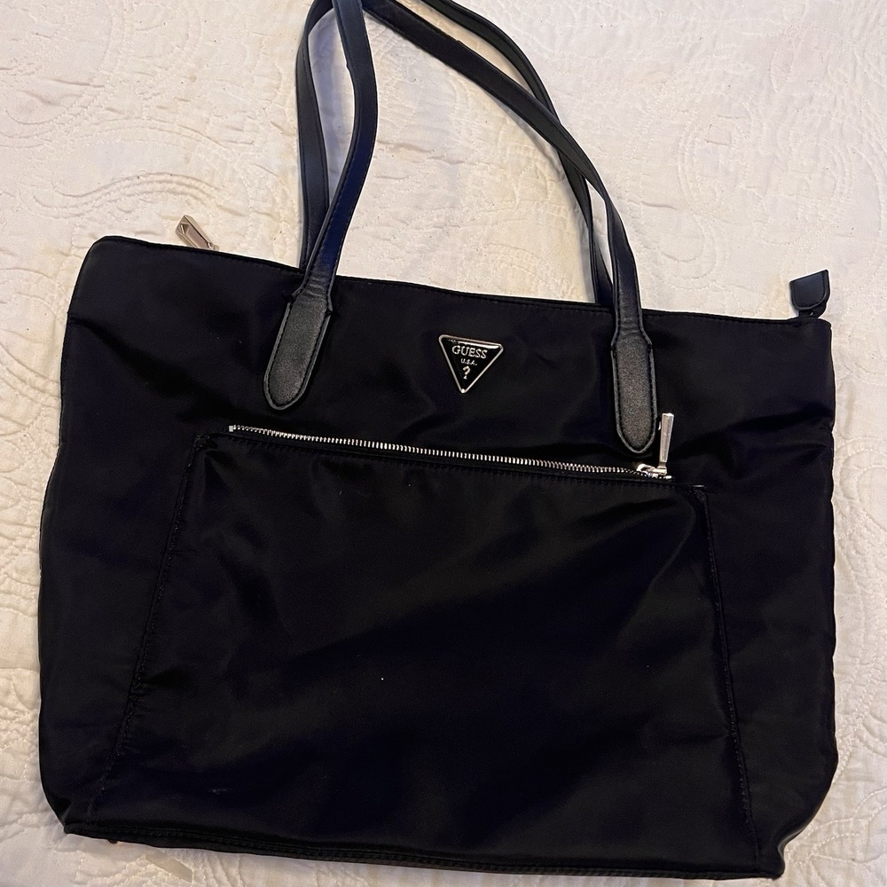 Guess Top Zip Tote Bag Purse Book/Work Bag Black Nylon Minimalist Classic